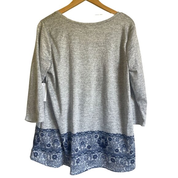 New! One World Gray Blue Floral Knit Tunic Top Size Large - Picture 2 of 9